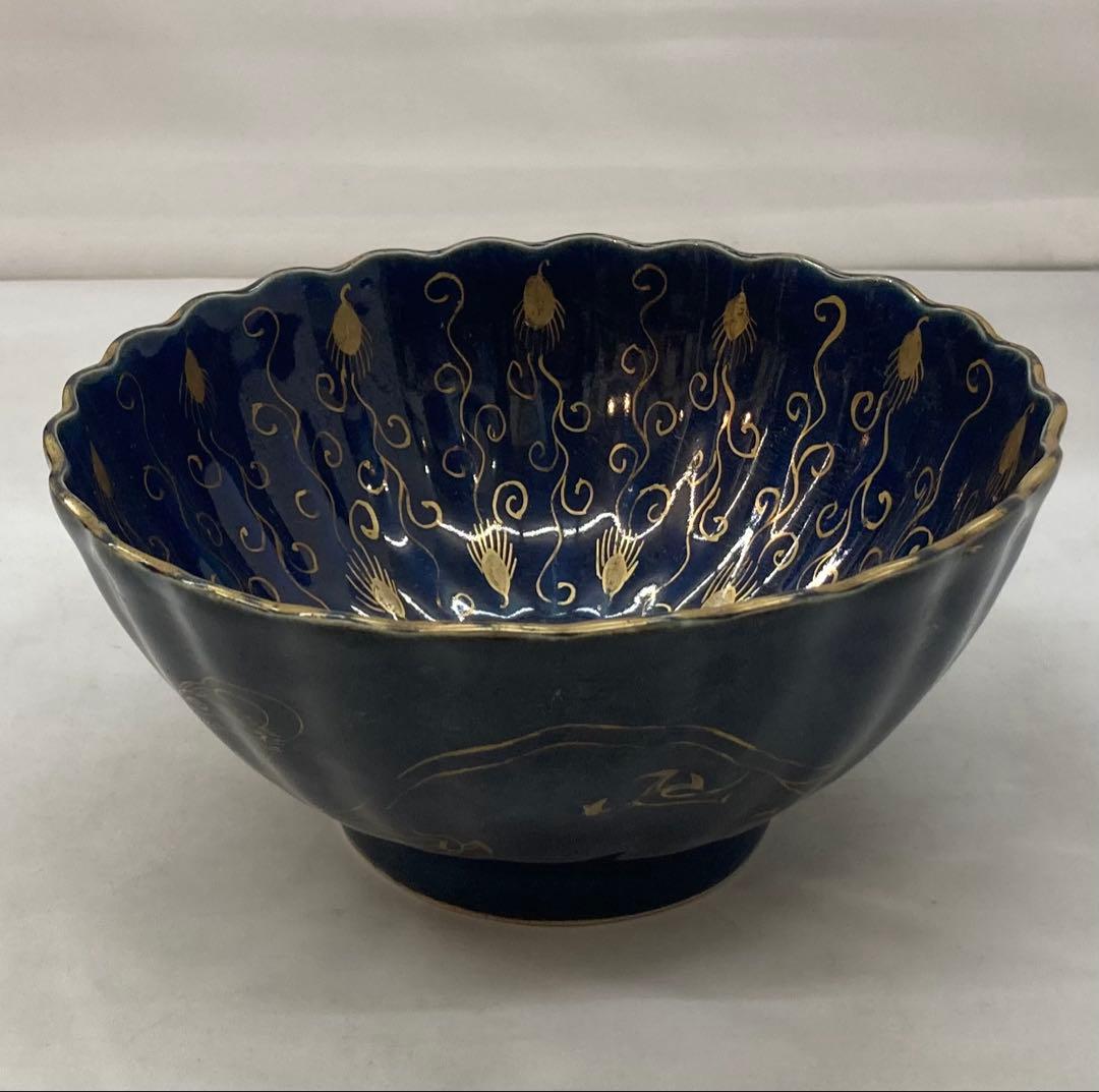 B261s 瑠璃手「鳳凰に龍」鉢　金彩絵付　十錦手　菓子鉢　骨董　茶道具