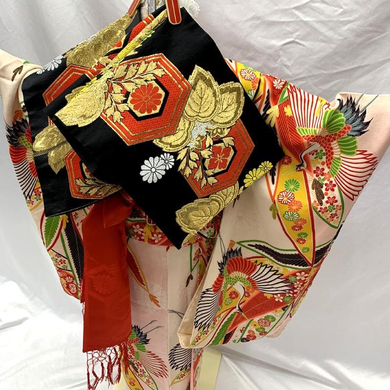 504ag87□七五三 セミアンティーク 七歳 女児 着物&袋帯 鶴□状態良好