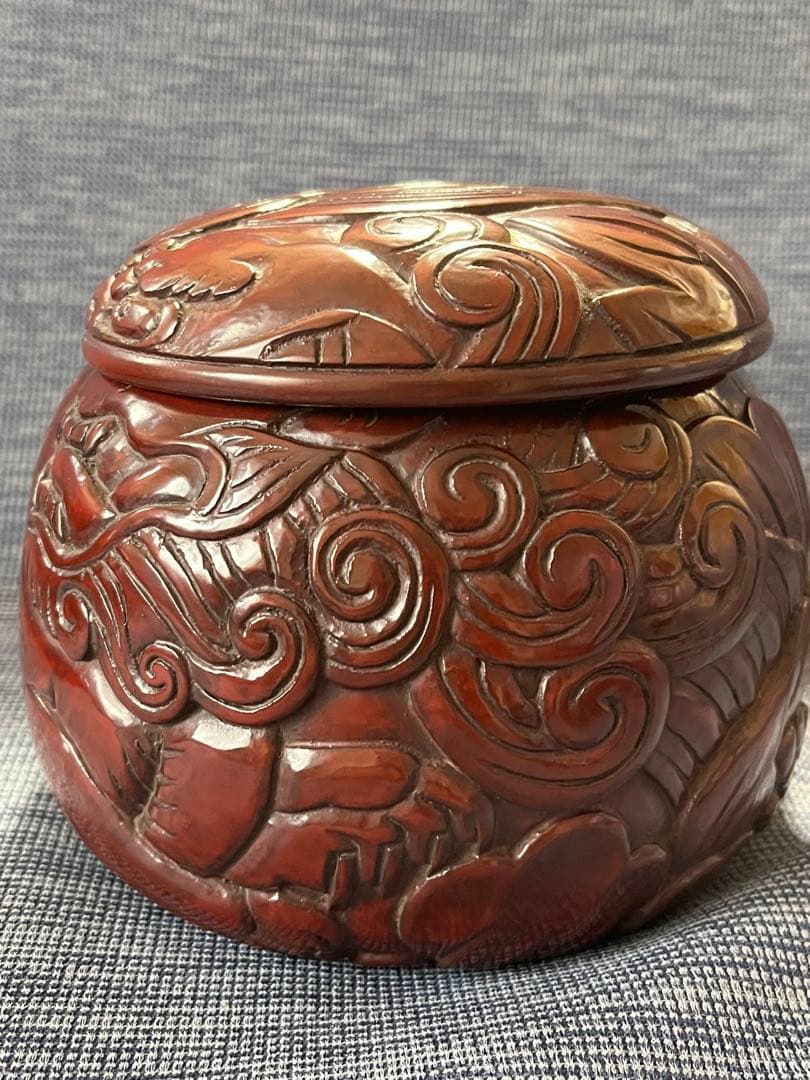 ハンドメイド　碁器　獅子牡丹　鎌倉彫　木星　漆塗り