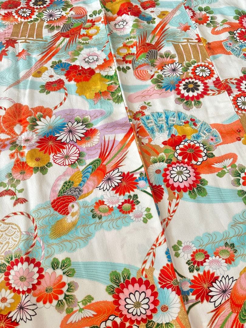 七五三 7歳 四つ身着物 レトロ柄 牡丹 鶴 金彩 美品