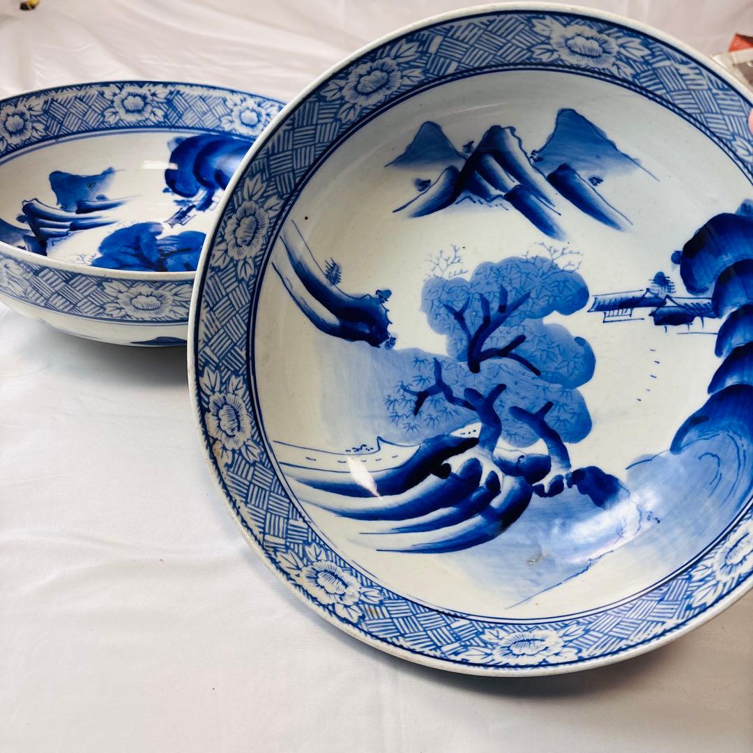 美品 染付 大鉢 2点セット 青花 清朝風 古伊万里風 青磁 山水文 草花