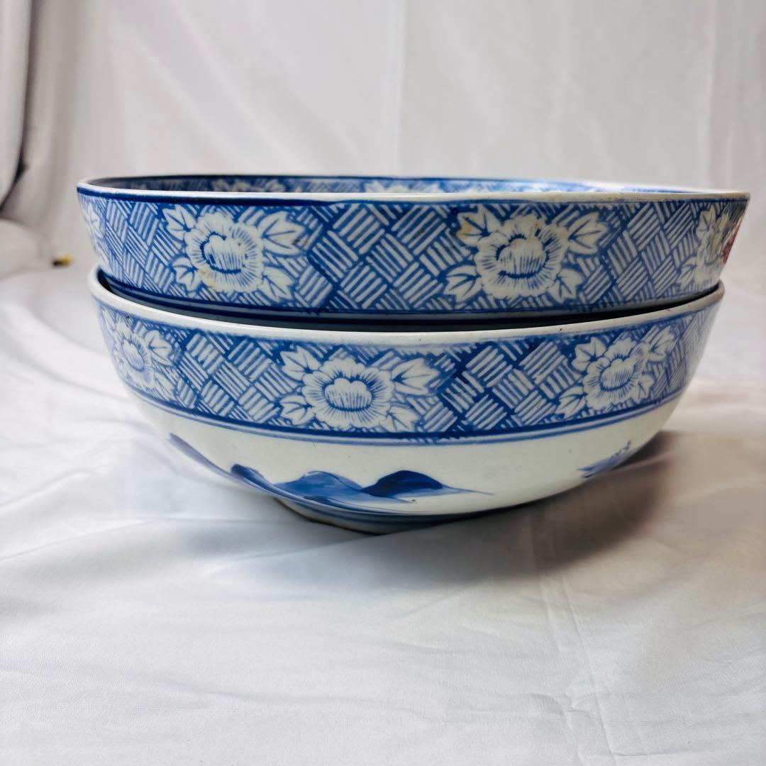 美品 染付 大鉢 2点セット 青花 清朝風 古伊万里風 青磁 山水文 草花