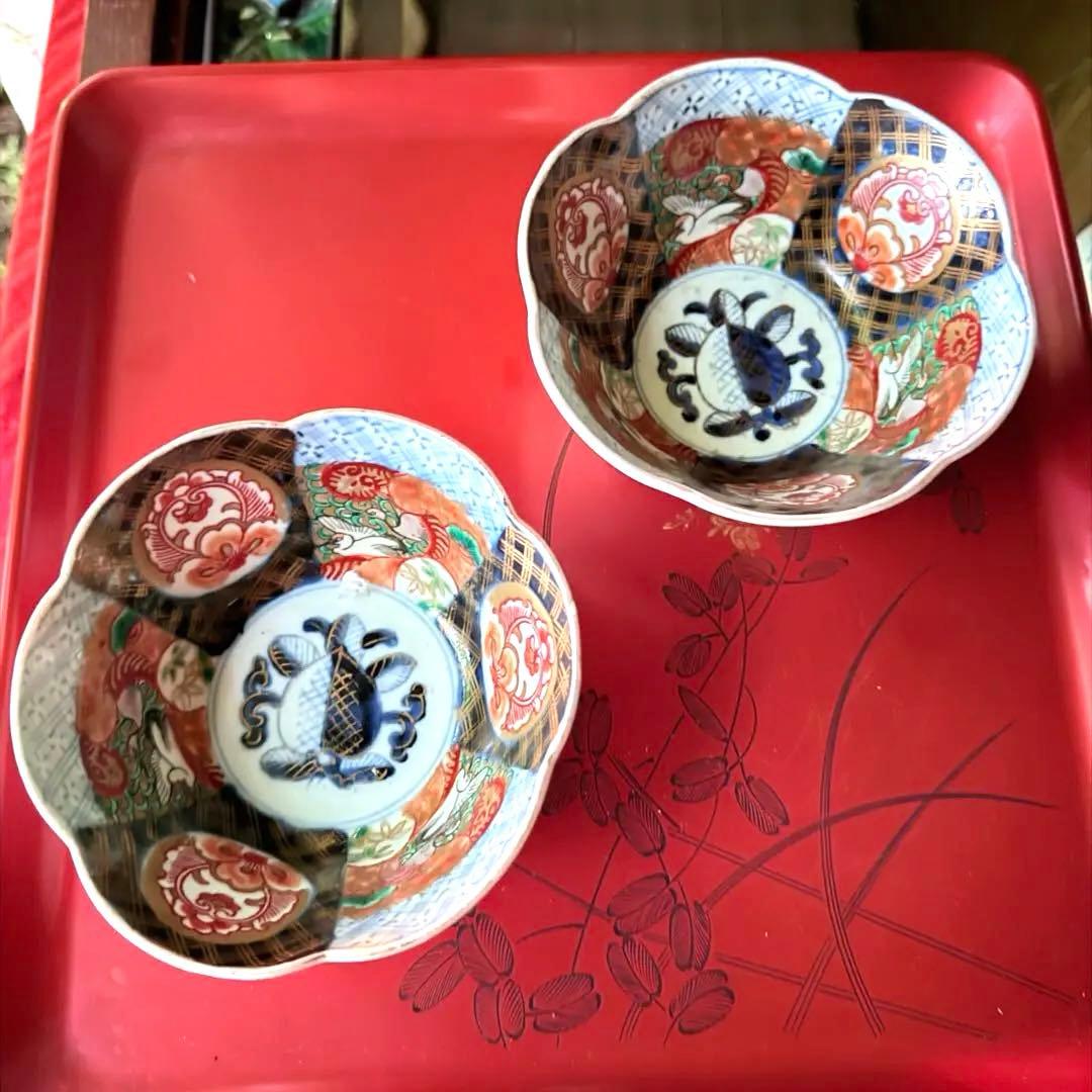 超限定価格‼️伊万里錦手向付おひたしにはこれ‼️桃手に鶴と竹六弁花在銘向付5客