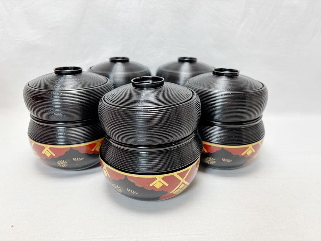 未使用 懐石道具 瓢箪形 信玄弁当 秀衡塗模様 三段弁当箱 千筋内朱五客揃 紙箱