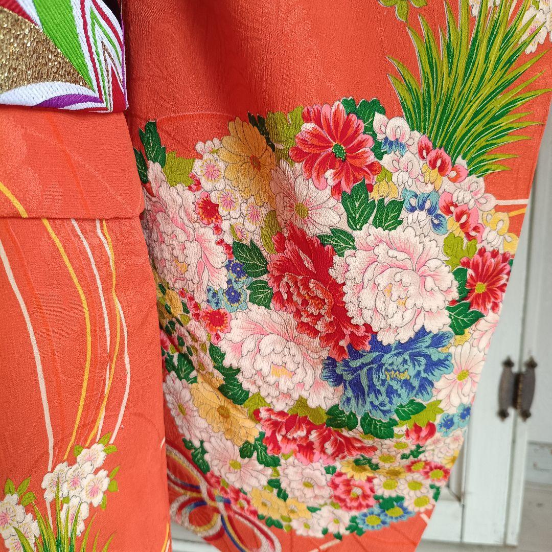 アンティークオレンジに花薬玉の着物と作り帯☆2歳から3歳