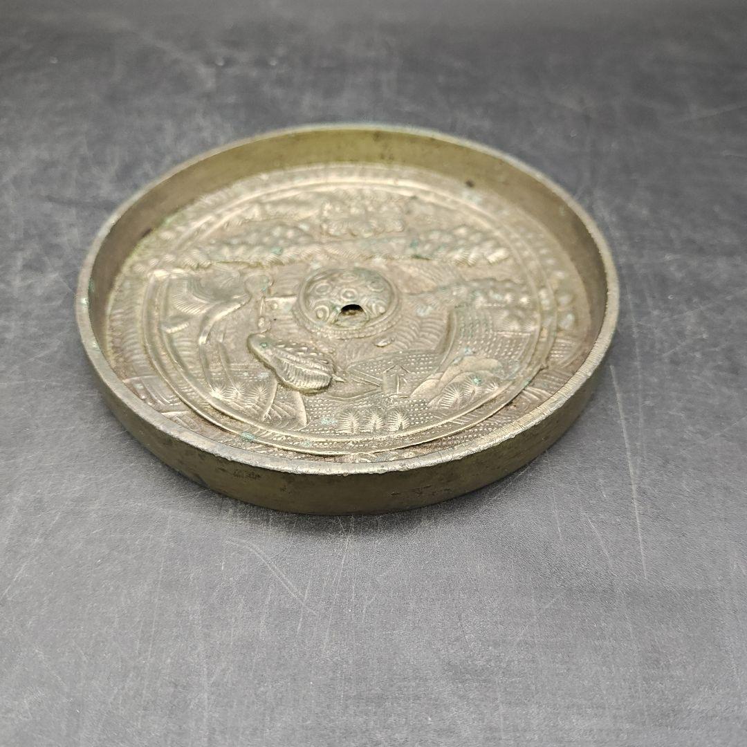 天下一銘　蓬菜鏡　鶴亀松文　古銅鏡　古美術　径約10.7cm×高さ約1.8cm