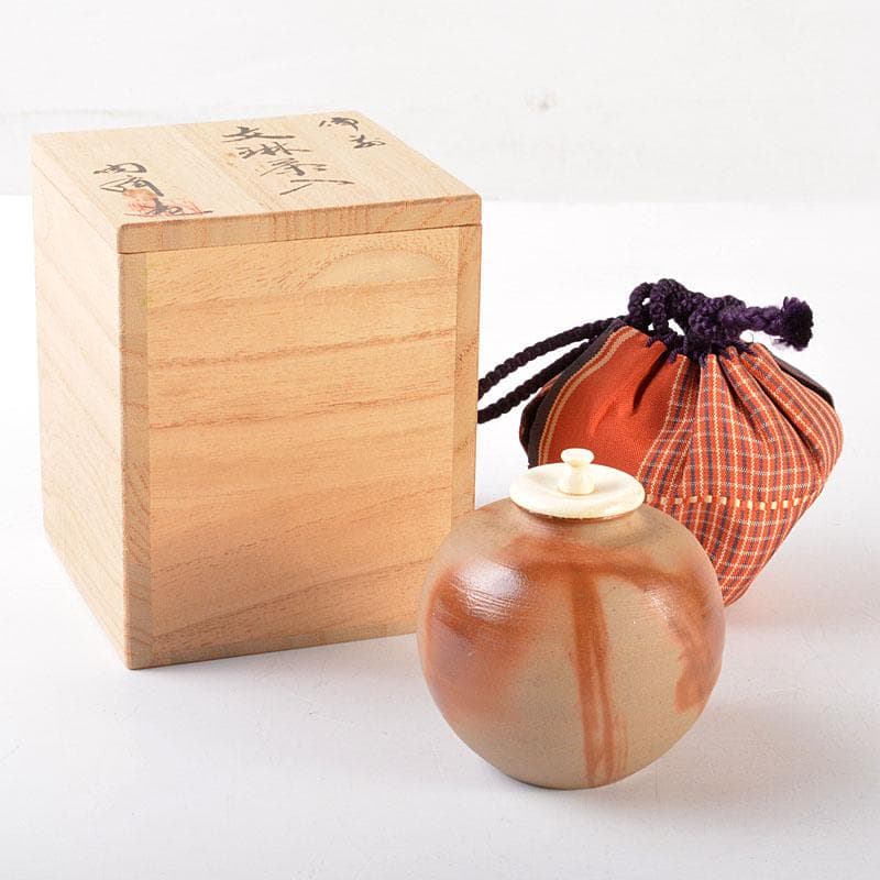 備前火襷焼 文琳茶入 木村陶峰 作 仕覆 波上梅花紋 茶道具 共箱 茶入 美品
