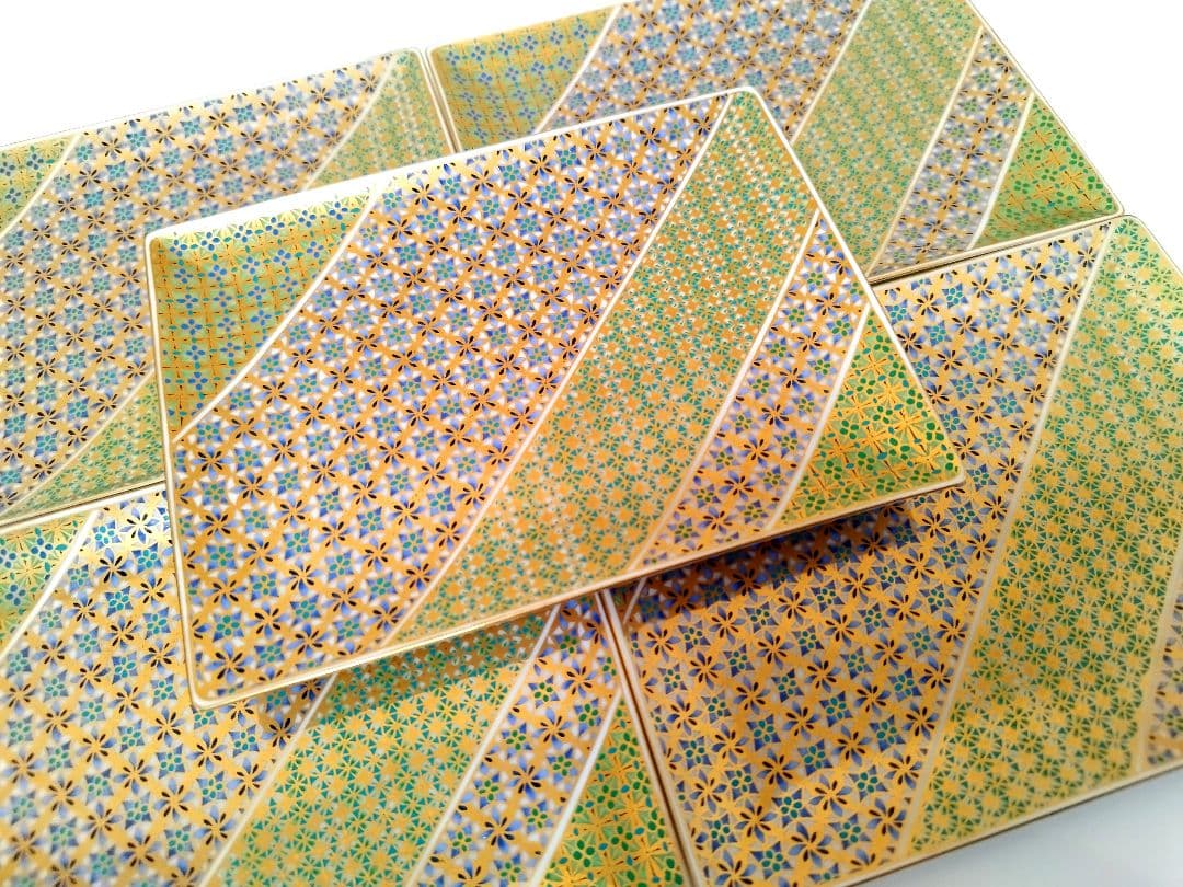 希少 前畑陶器 庫山窯 緑彩金蘭手 角皿 5枚セット 金彩