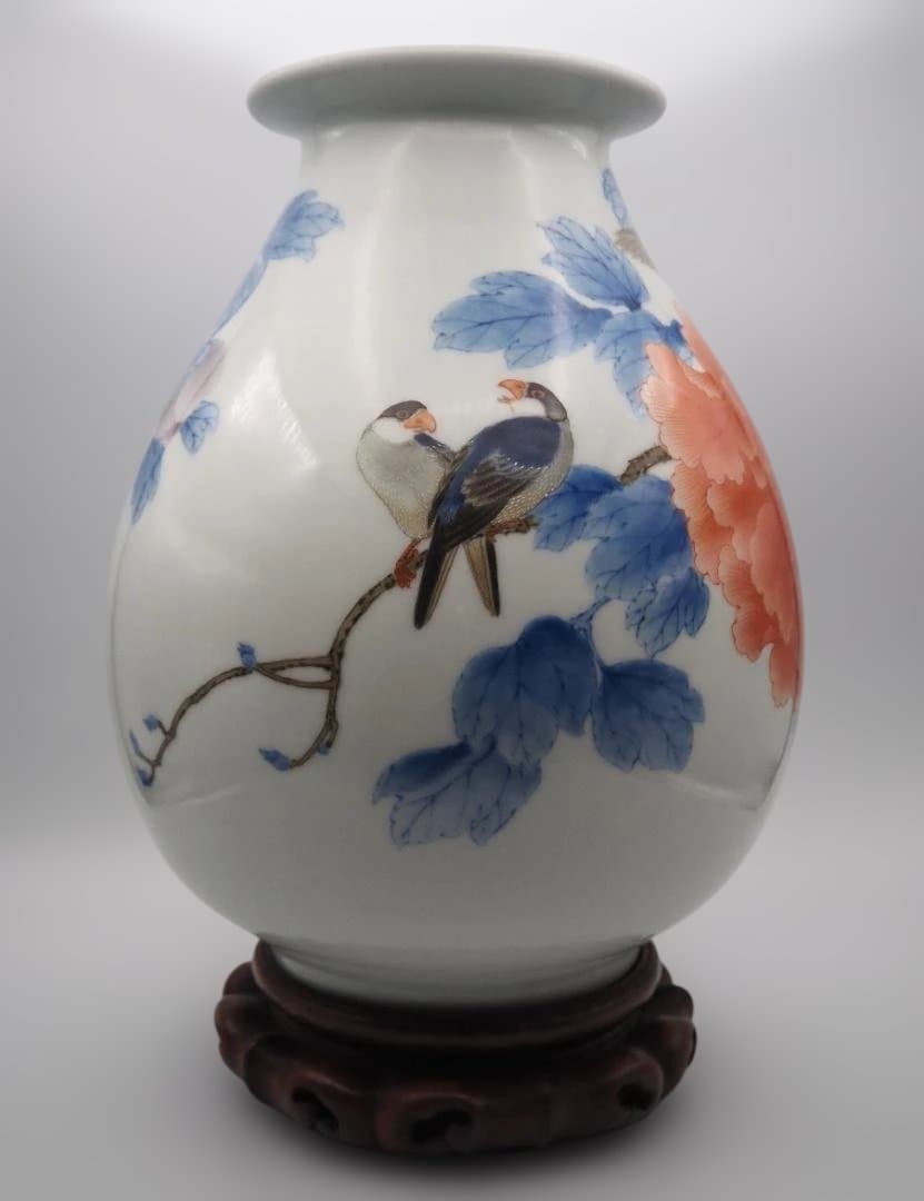 真葛香山 宮川香山 青華釉下彩花瓶 4鳥牡丹図 台付き