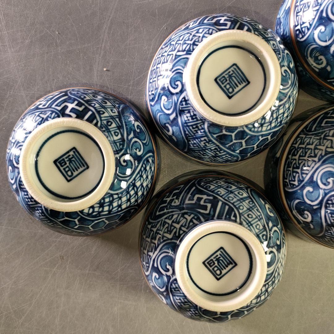 A1147-3/京焼・清水焼/加藤利昌 造/染付祥瑞花鳥文蓋付茶碗5客/共箱