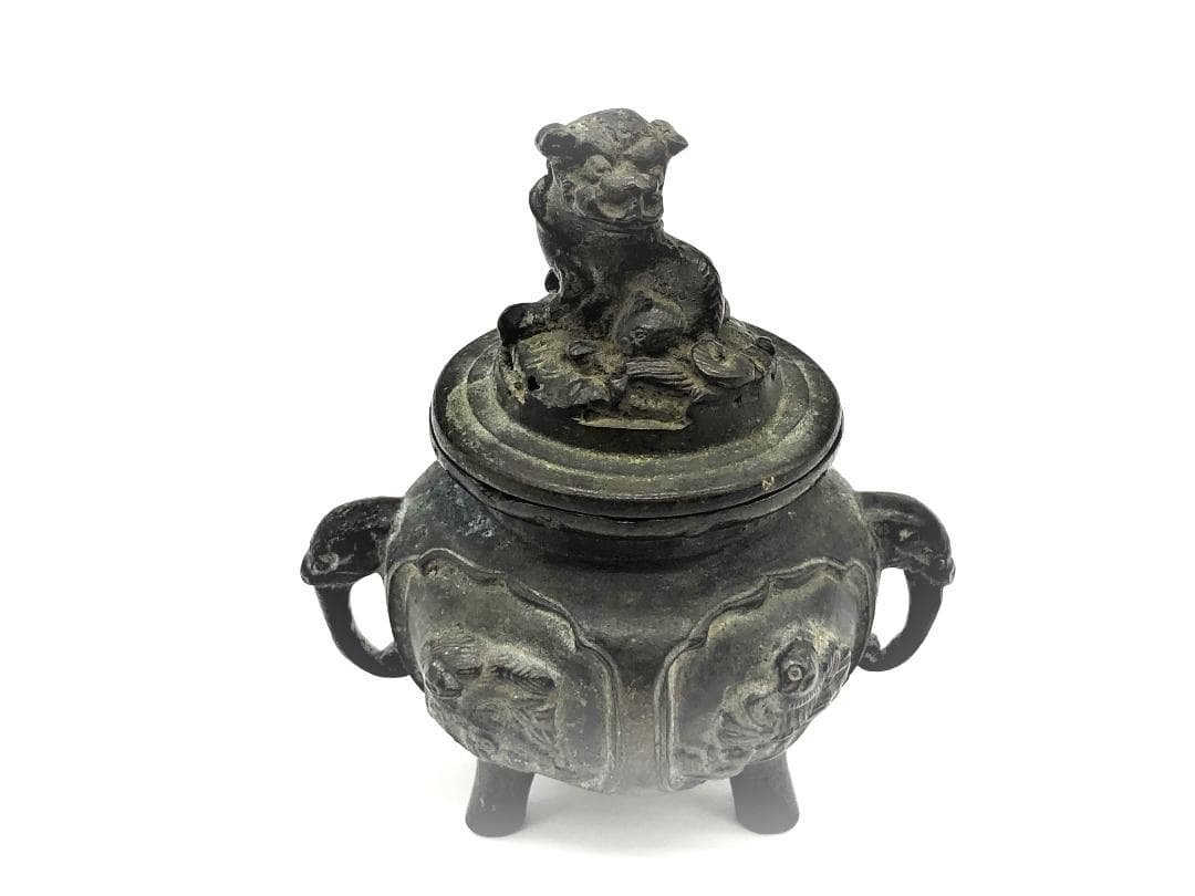 【 唐銅携行香炉 】　獅子蓋双耳三つ足　明～清古玩