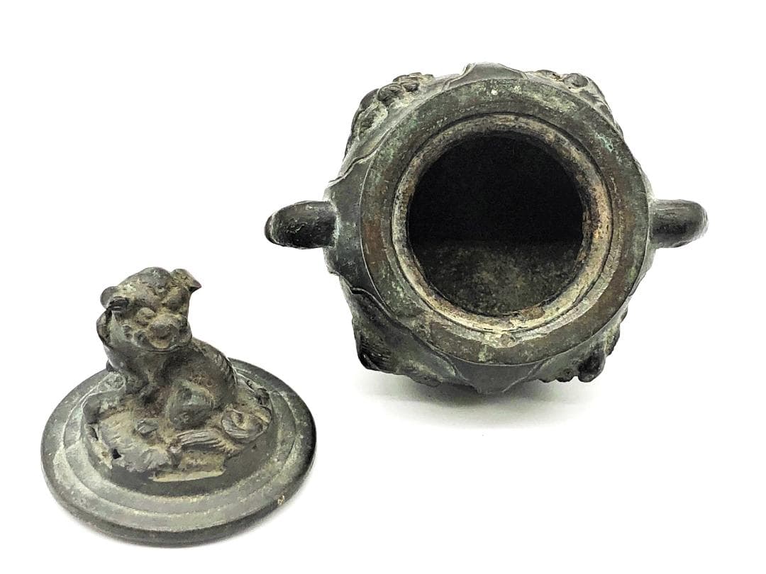 【 唐銅携行香炉 】　獅子蓋双耳三つ足　明～清古玩