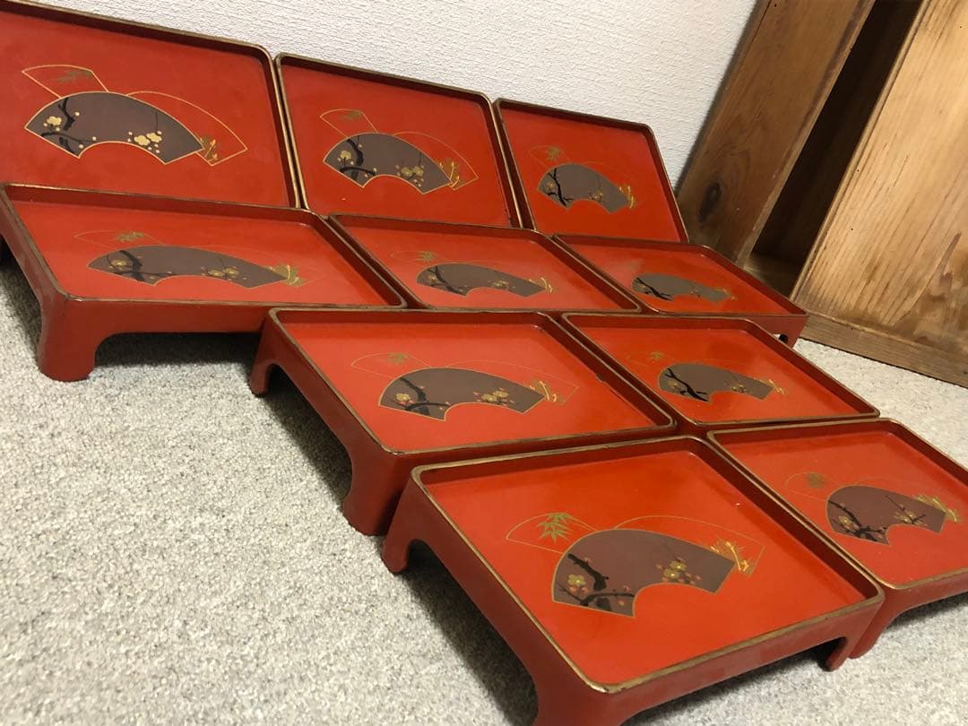 ミニお膳　アンティーク 10膳セット　木製収納箱付き　骨董品