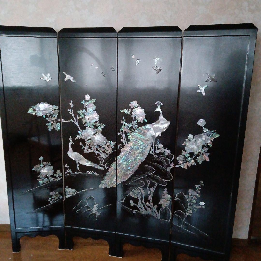 螺鈿 黒漆 屏風 木製