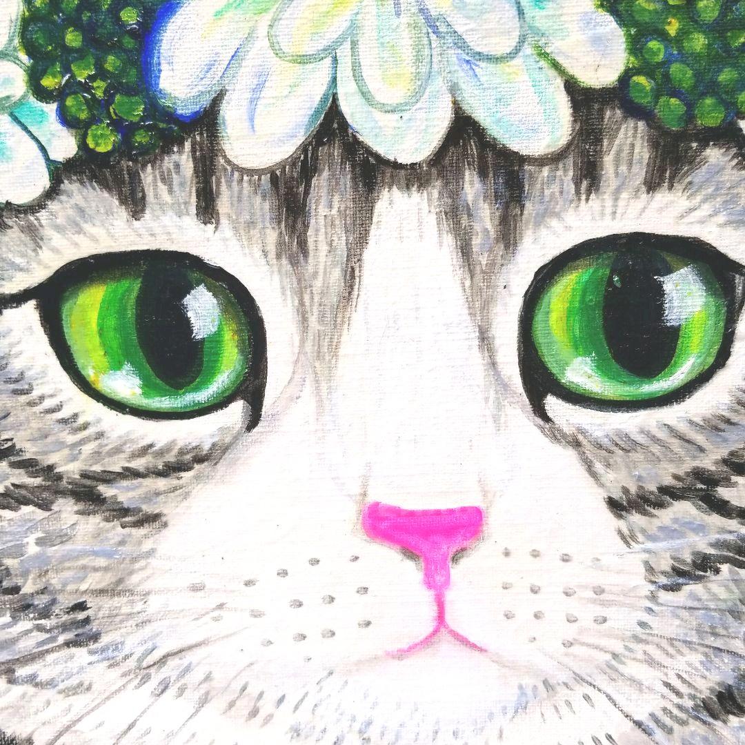 油絵 専用 花冠の猫 サバトラ白ちゃん