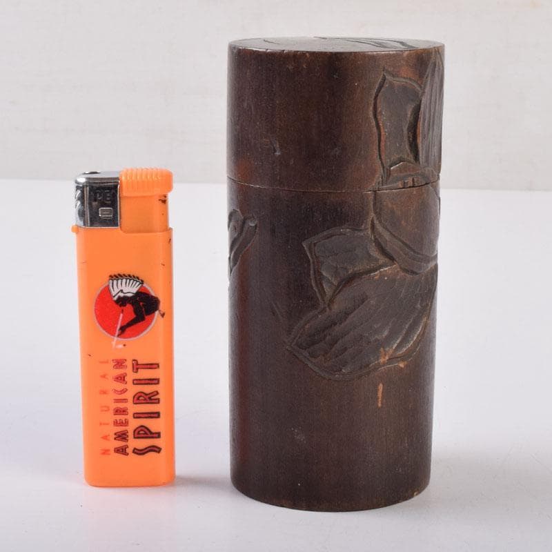 煎茶道具 木彫 椿図 茶筒 V 8508