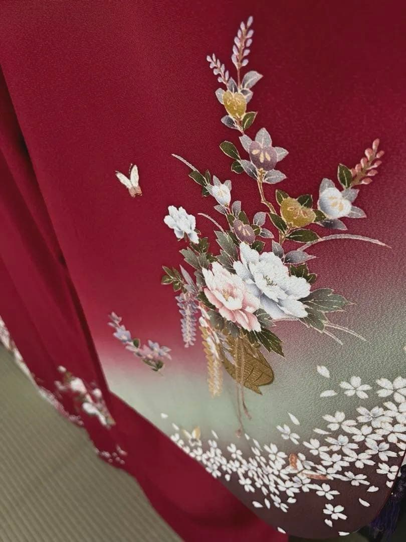 値下げ☆ 中古 振袖 仕立て上がり 赤 えんじ色 NO.B12 値下げ☆ 中古