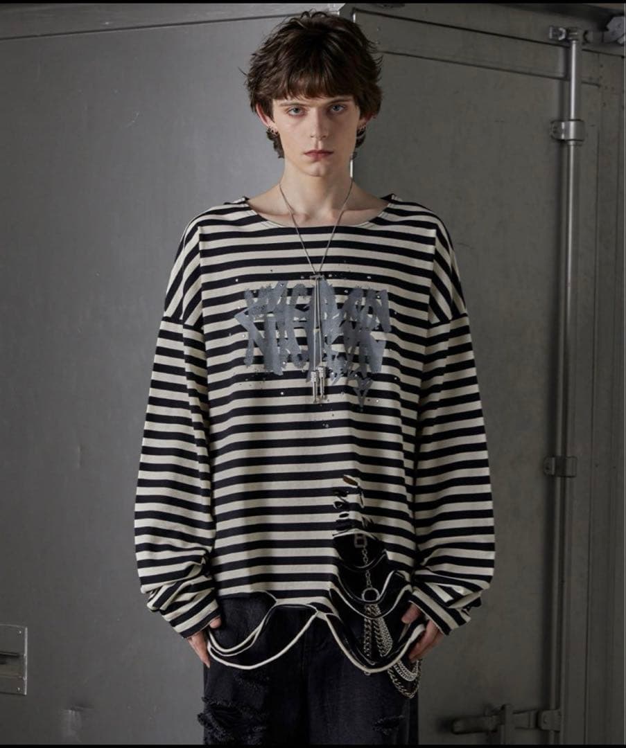 GRANCY 総柄ラインストーングラフィックロンT グランシー ボーダー L