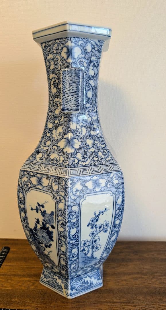 大清乾隆年製 青花山水細密画 六角花瓶 直しあり 中国工芸品