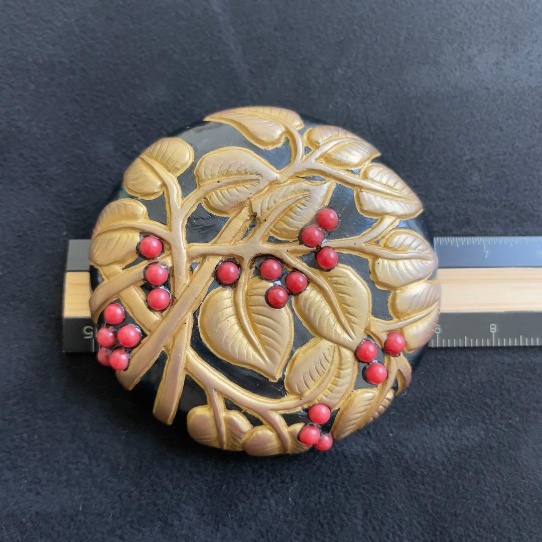 18】AKIO MORI 珊瑚と金彩のブローチ ヴィンテージ レア