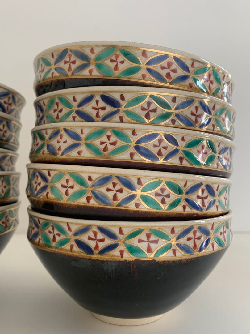 茶道具 城岳 天目釉七宝文数茶碗 10客