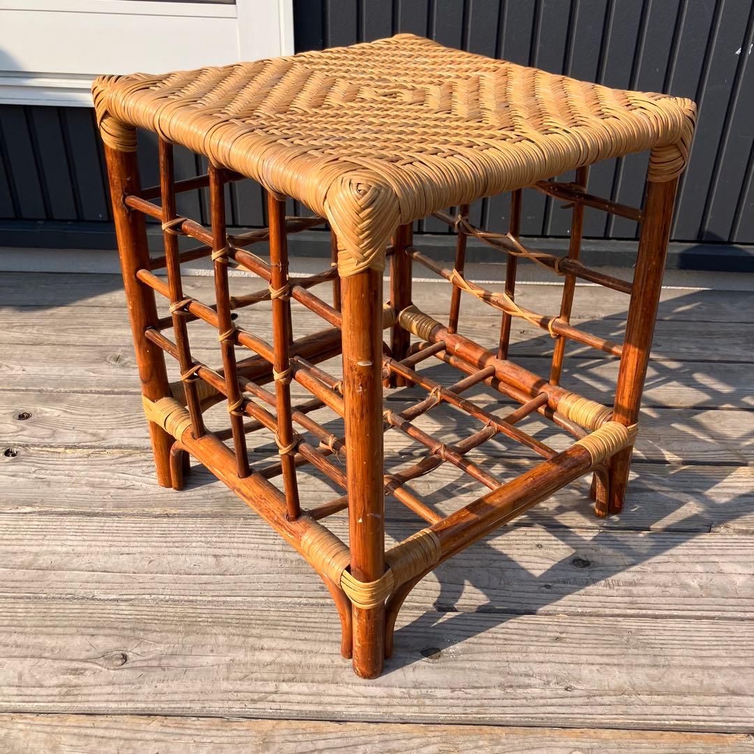 昭和レトロ 四角スツール ラタンスツール 格子型 腰掛け 古家具 ビンテージ