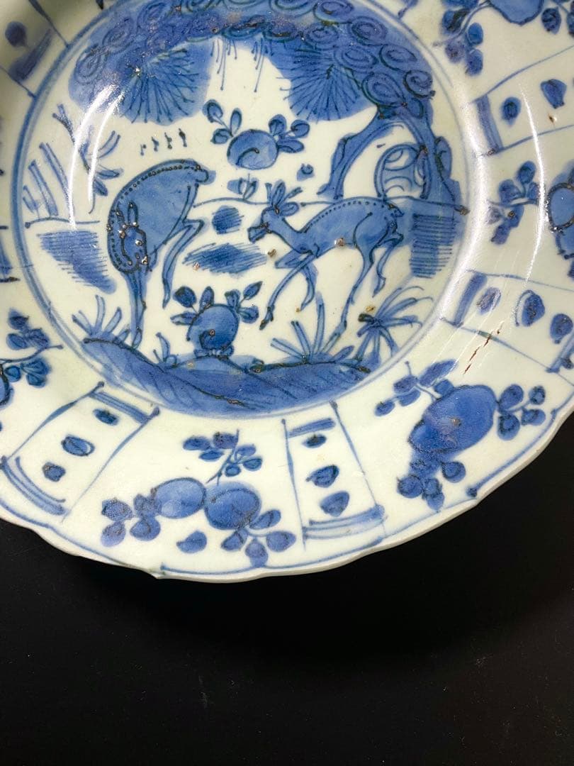 古染付　芙蓉手樹下鹿図　陶磁器　皿　茶器　骨董品　古玩　mー91