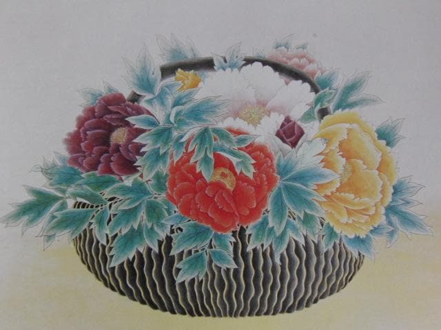 三井淳生、【黒い花器の牡丹】、希少な額装用画集より、新品額装付、状態良好