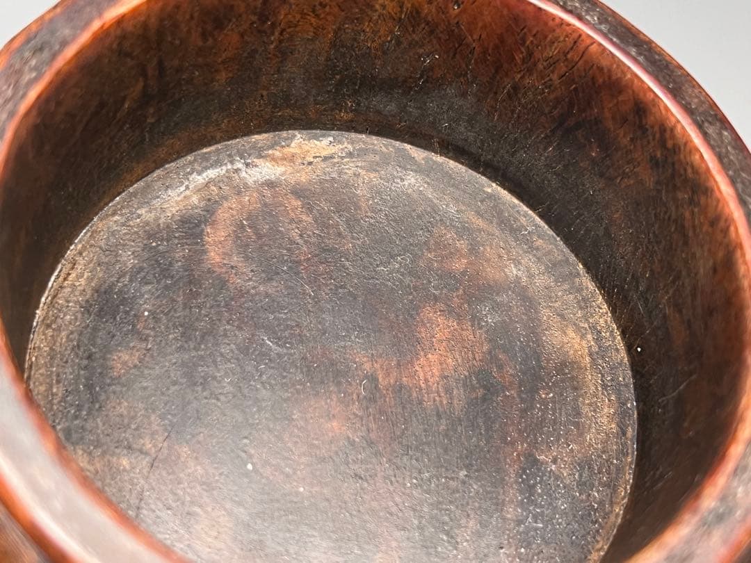 古美術 紫檀 黄花梨 木製香炉 手彫り 寿桃靈芝紋 香道具 三足 唐木