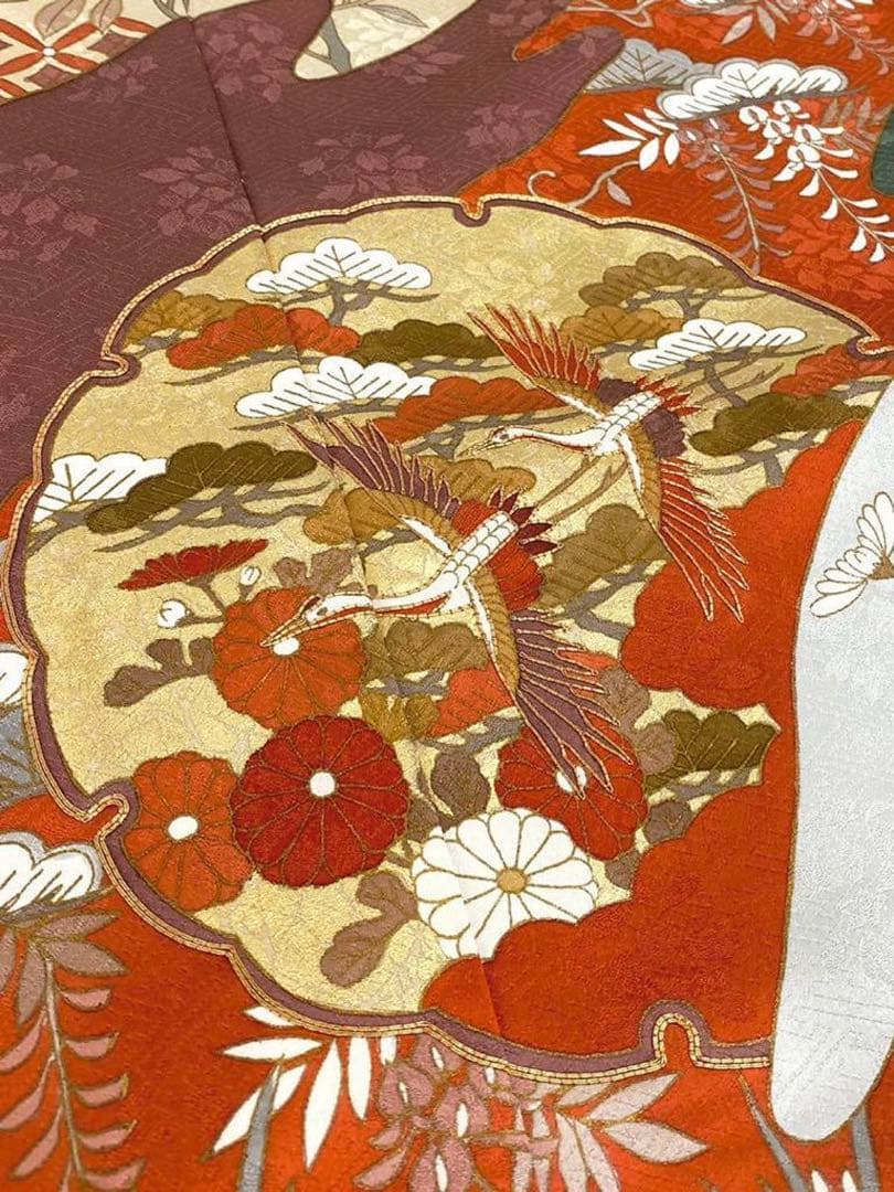 藤井寛 落款入 振袖 未仕立て品 仮絵羽 鶴 七宝繋ぎ 金駒 金彩 紋意匠