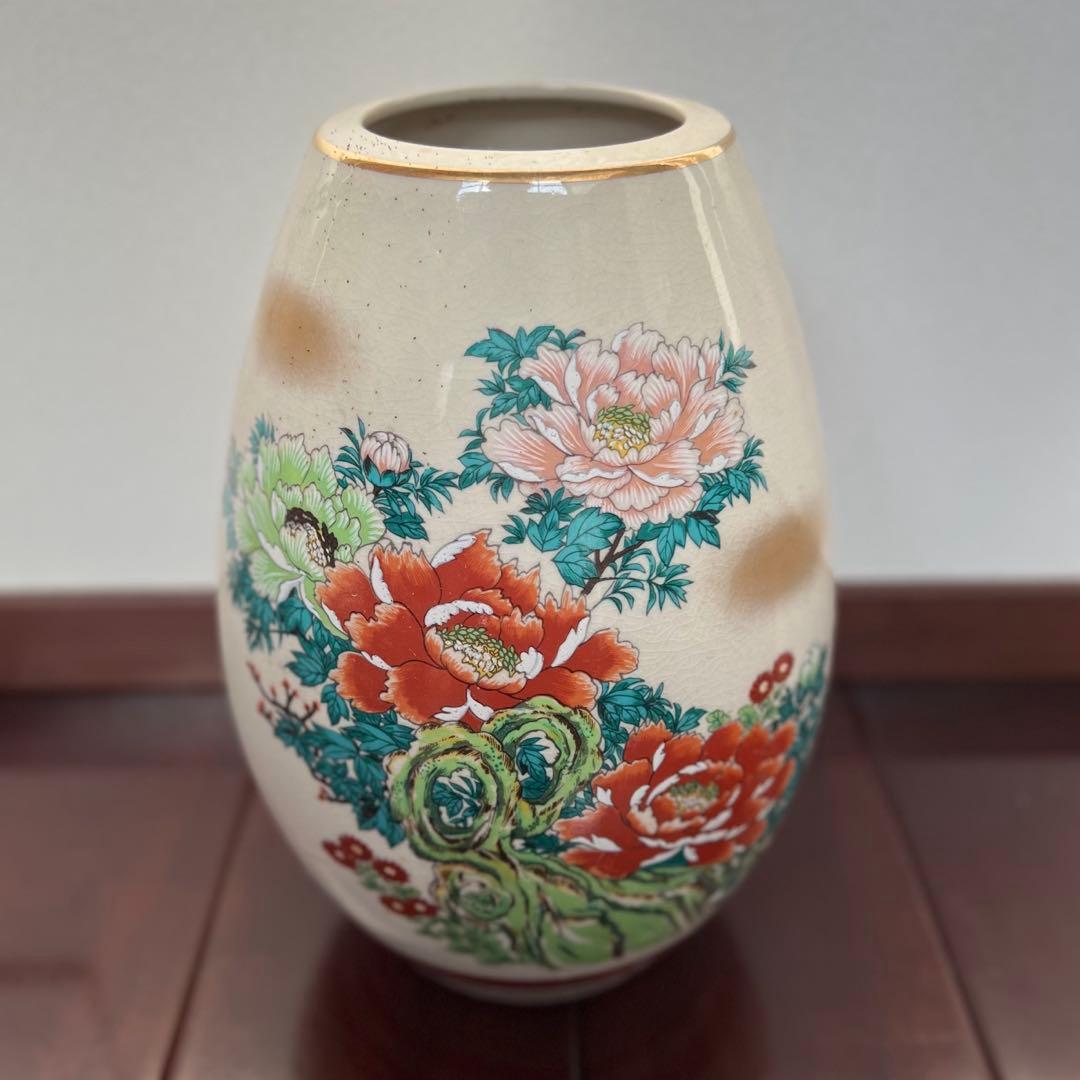 九谷焼 骨董品 アンティーク 壺 つぼ 牡丹 花 花瓶 九谷焼 骨董品