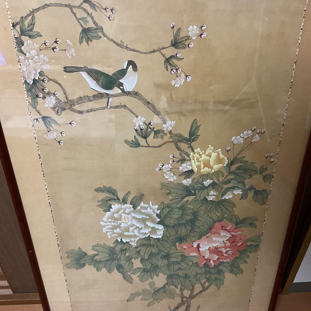 中国画 花鳥図 木枠扁額 【 牡丹に小禽図 】 落款名無 作者不詳