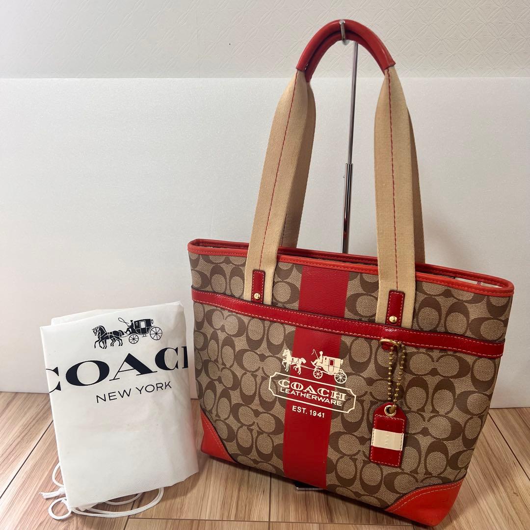 COACH トートバッグ ブラウン/レッド - メルカリ