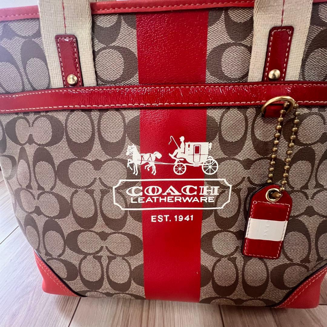 COACH トートバッグ ブラウン/レッド - メルカリ