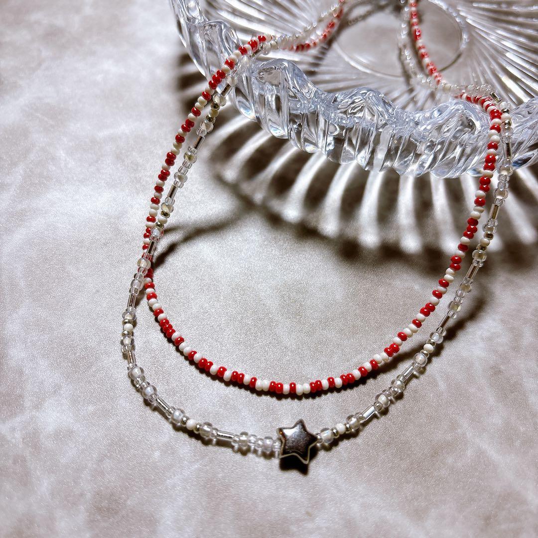 ビーズネックレス 赤 白 シルバー 一つ星 - メルカリ