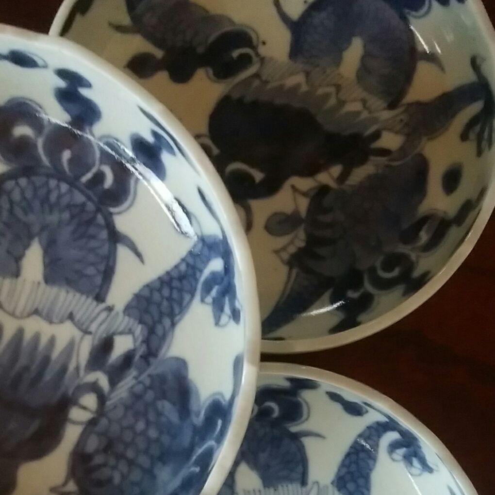 120 古伊万里 染付 龍文様 稜花形 膾皿 5客