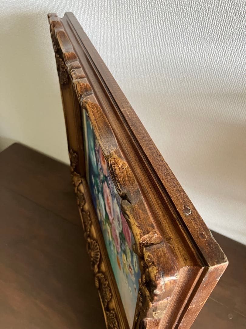 HaRu 薔薇 花 花瓶 1点物 真作 原画 絵画 油絵 ♪ アンティーク 額縁