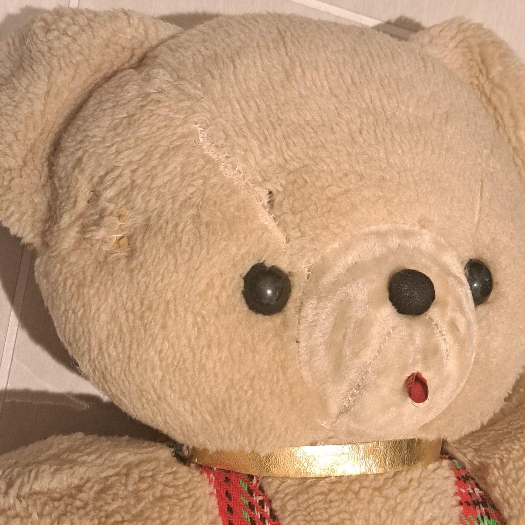 昭和レトロなベージュのチェック柄お洋服のクマ　ヴィンテージ　ビンテージ　当時物