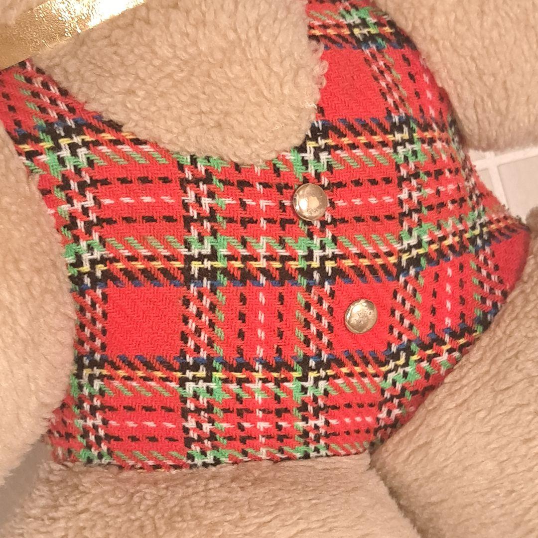 昭和レトロなベージュのチェック柄お洋服のクマ　ヴィンテージ　ビンテージ　当時物