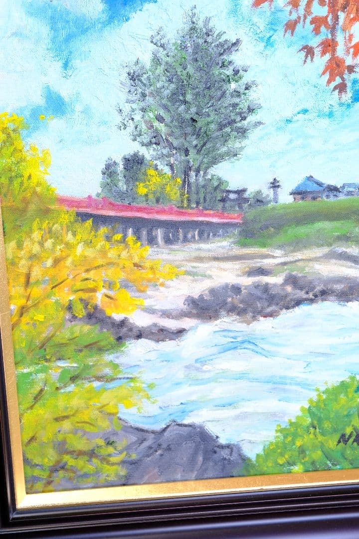 銀杏と御社橋 油絵 額縁付き