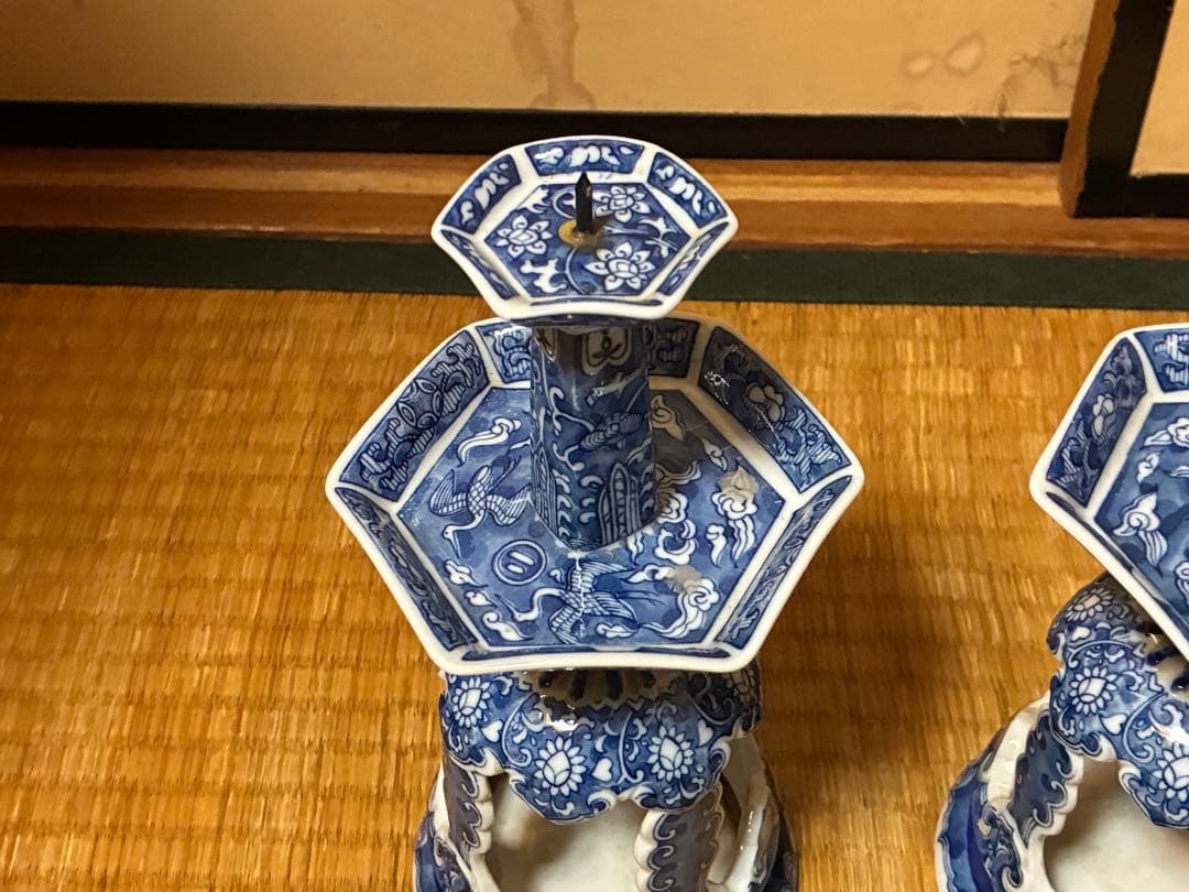 有田焼 古伊万里 染付 燭台 一対 時代物