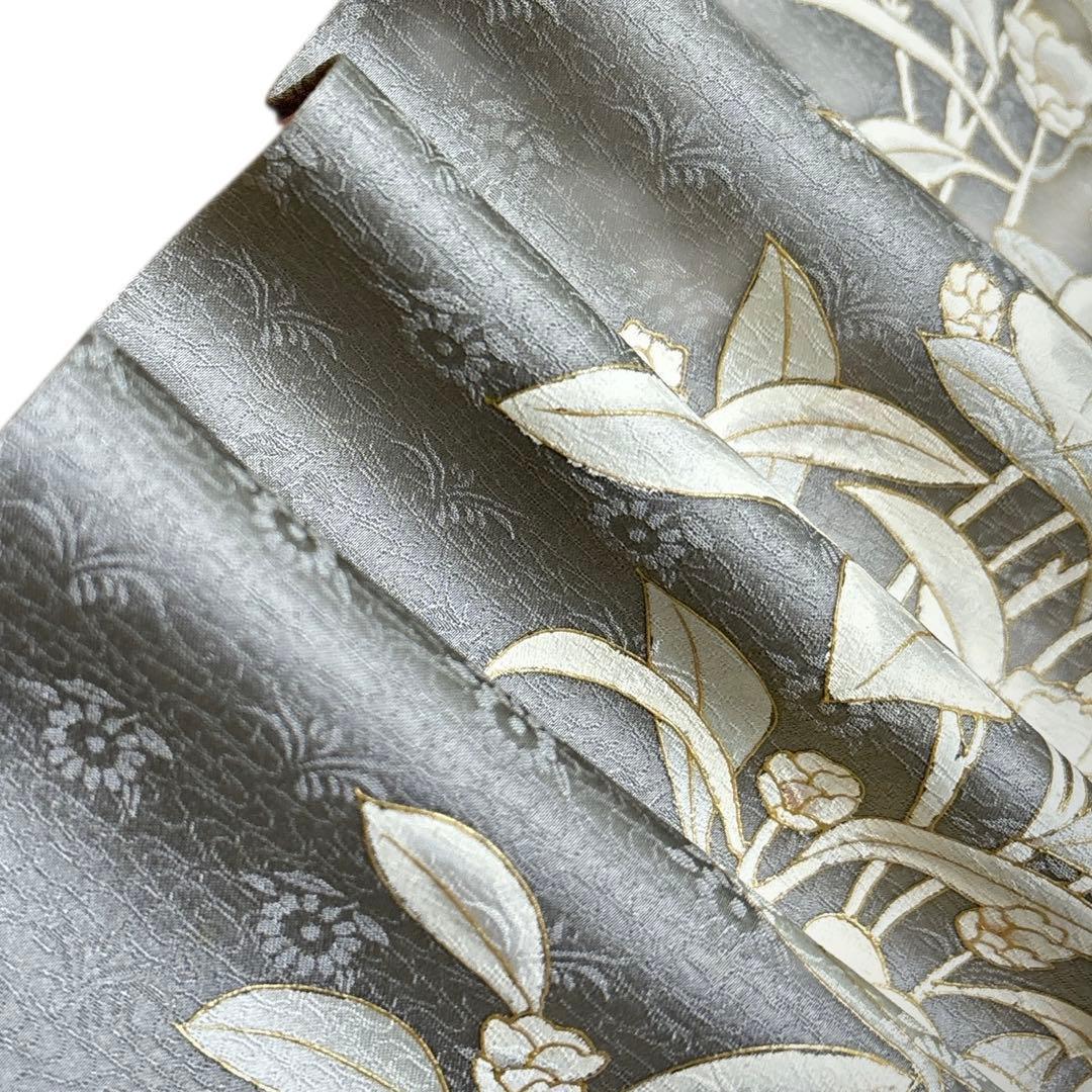 A151愛華 訪問着 錆鼠色 花地紋 染め花 正絹 フォーマル 身丈164cm