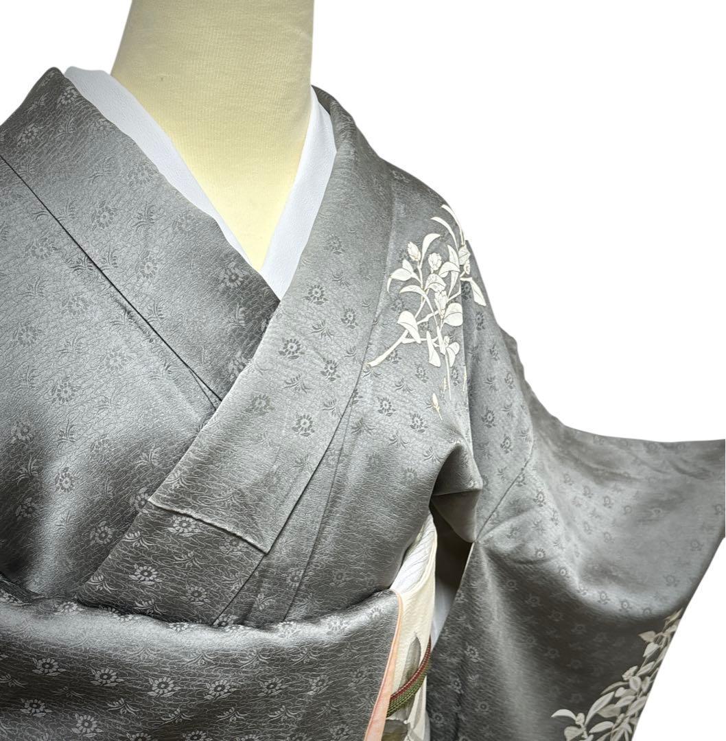 A151愛華 訪問着 錆鼠色 花地紋 染め花 正絹 フォーマル 身丈164cm