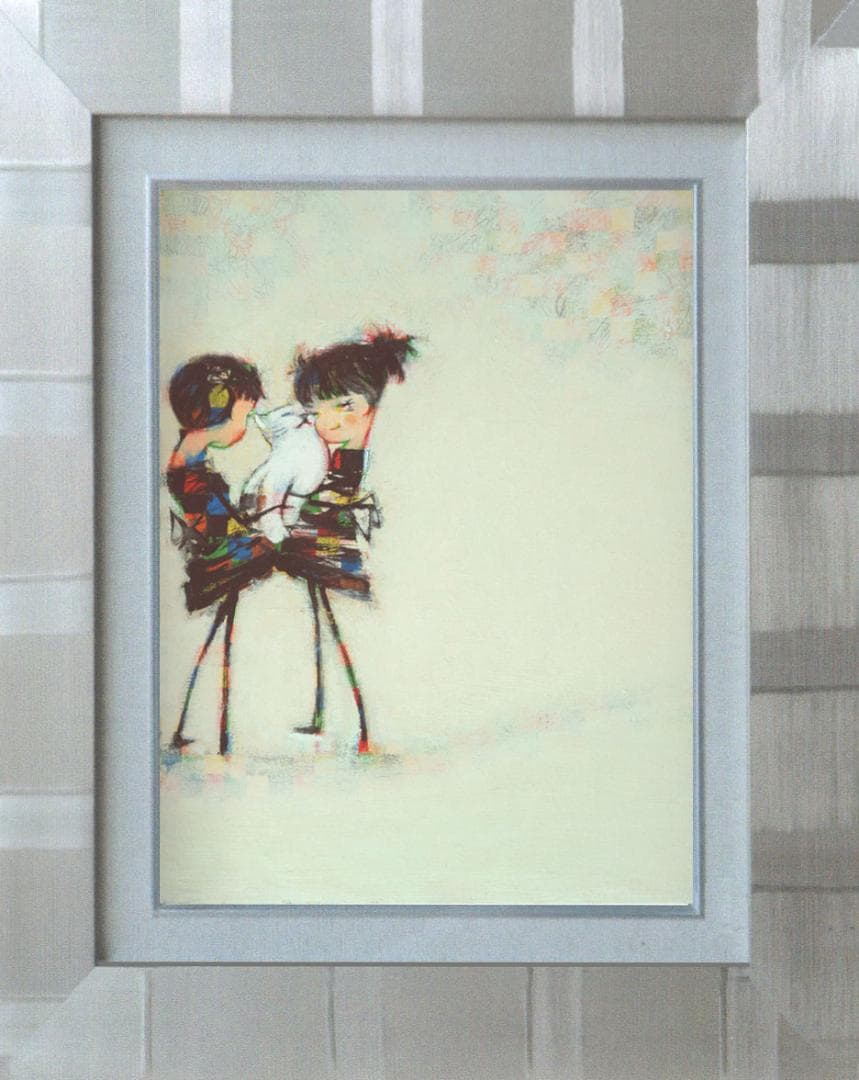 油絵 菅家令子 絵 絵画インテリア 額付(黒) F4-072619 子猫と女の子