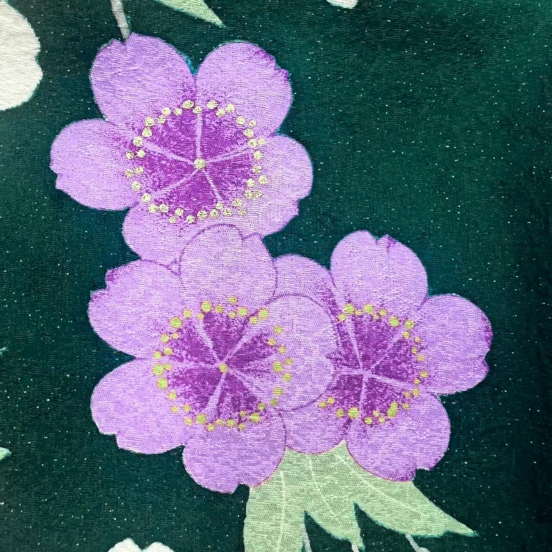美品】 振袖 正絹 古典柄 ラメ 桜 単品 成人式 緑 *160 ○