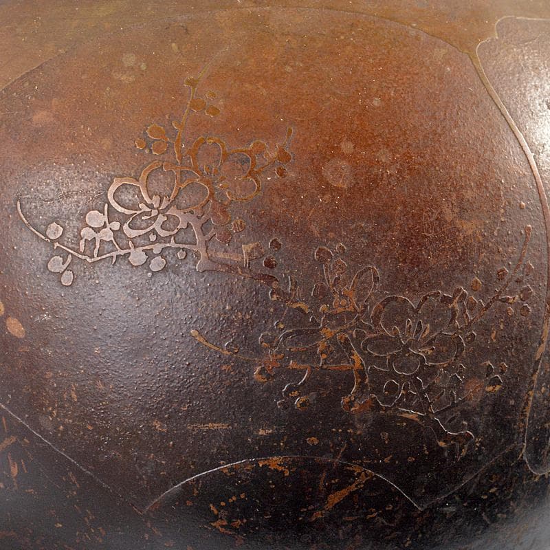 えびけん　煎茶道具　銅製漢詩山水梅文湯沸し　薬缶　時代箱付　M　R6738