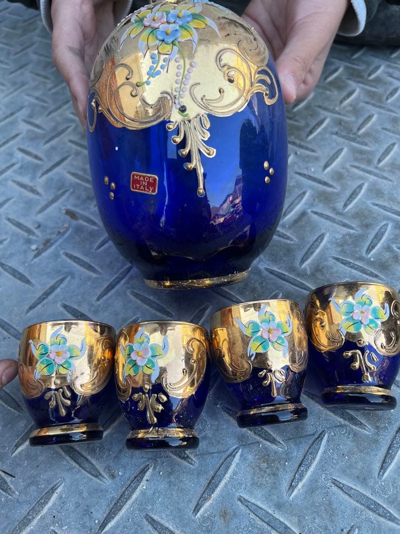 イタリア製 青色ガラス コップ4個 瓶1個 ベネチアンガラス ムラーノ