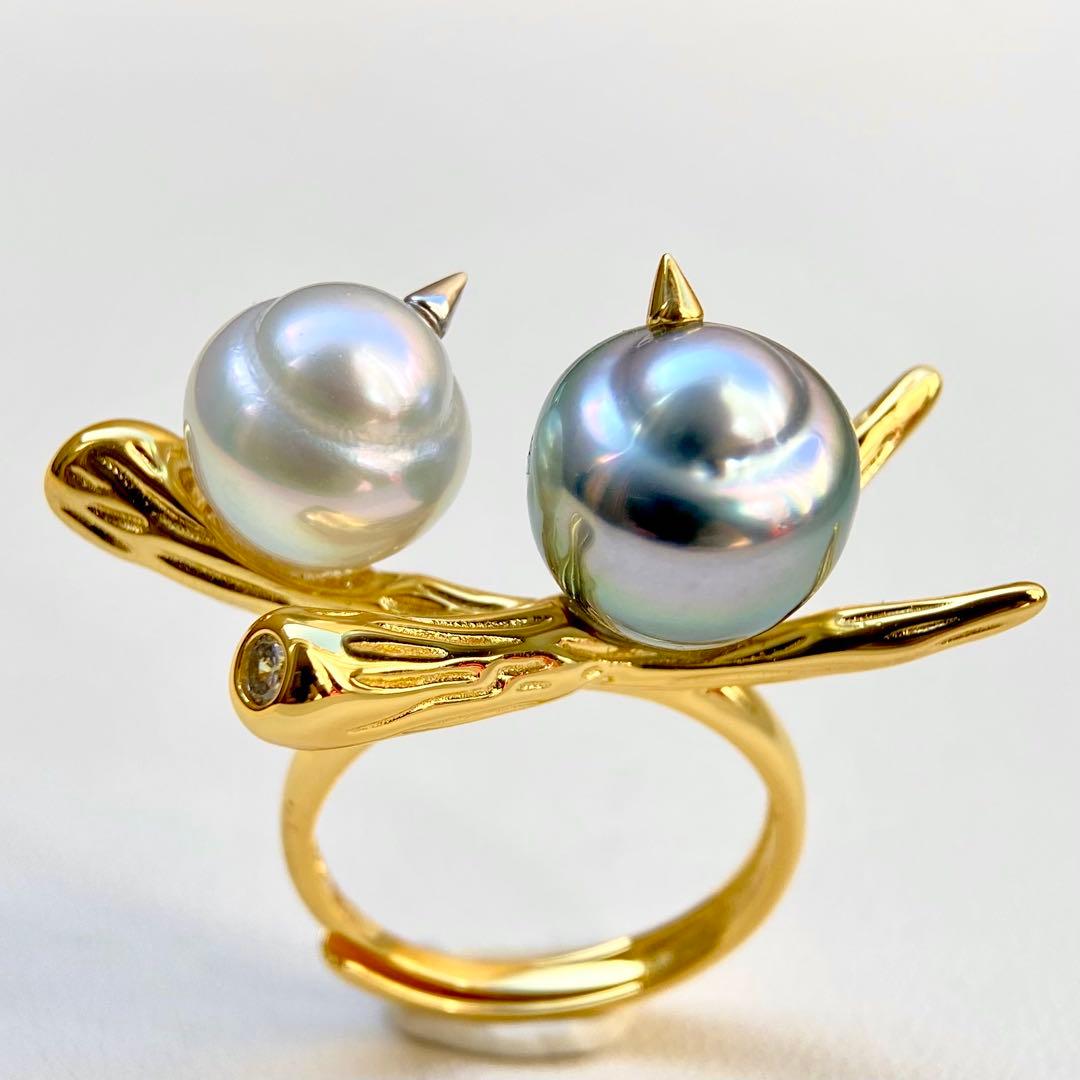 本真珠南洋黒蝶と白蝶真珠オーシャンブルーとブルー無調「鳥と枝」リングY1028