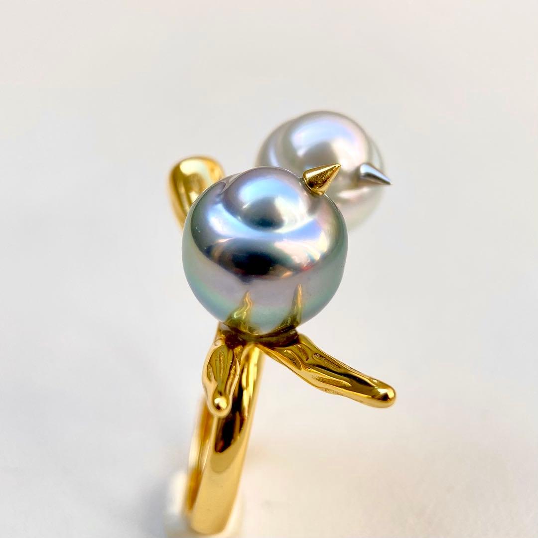 本真珠南洋黒蝶と白蝶真珠オーシャンブルーとブルー無調「鳥と枝」リングY1028