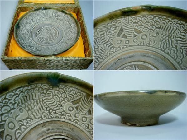 皿□青磁魚文 四ツ口皿 魚紋 古い菓子鉢 古玩 中国 時代物 骨董品□ 皿